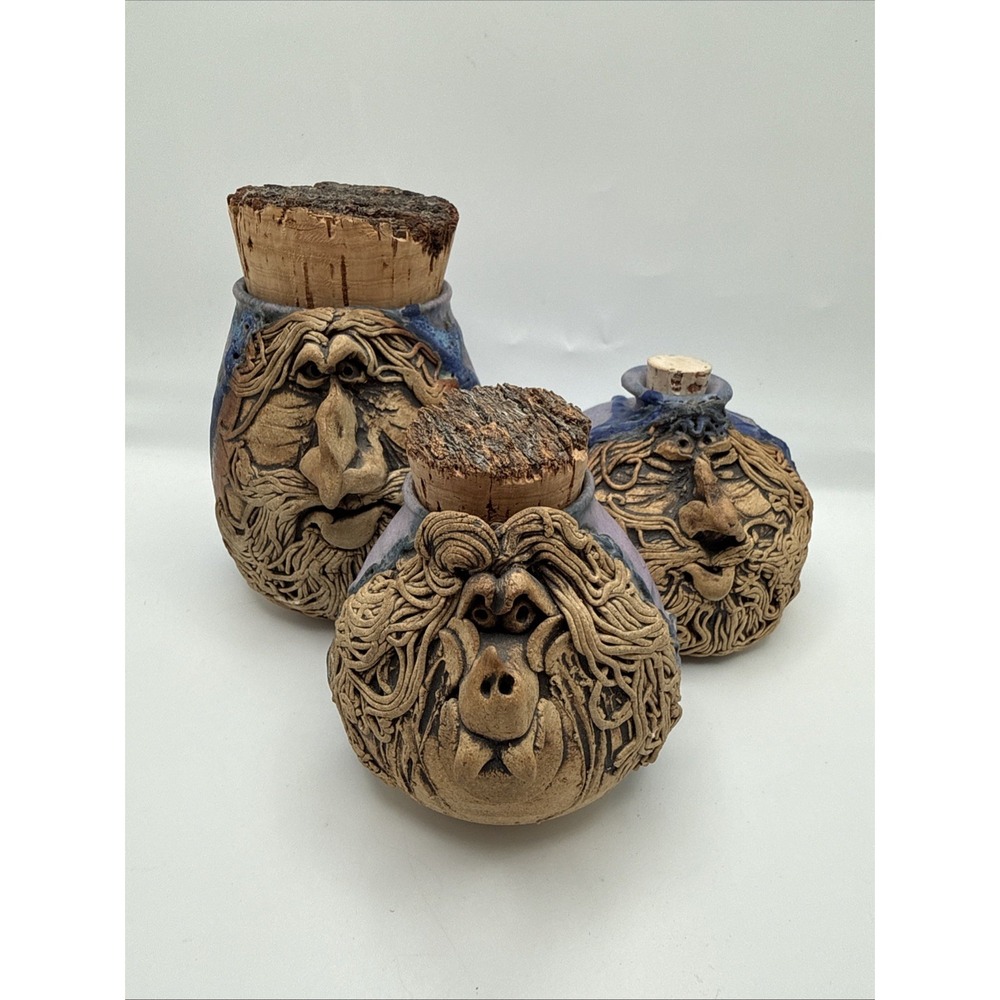 Set Of 3 Fantasy Character Face Jars Patty De Benedet Signed Whimsical Pottery
